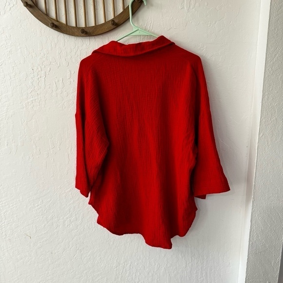 Charlie Holiday Red Cotton Gauze Harlow Button Down 3/4 Casual Oversized Shirt 6 - Picture 11 of 12